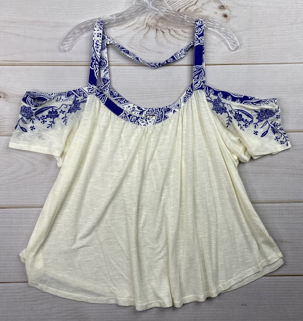 Eyeshadow Cold Shoulder Blouse Womens XL Linen Rayon Floral Embroidered Strappy